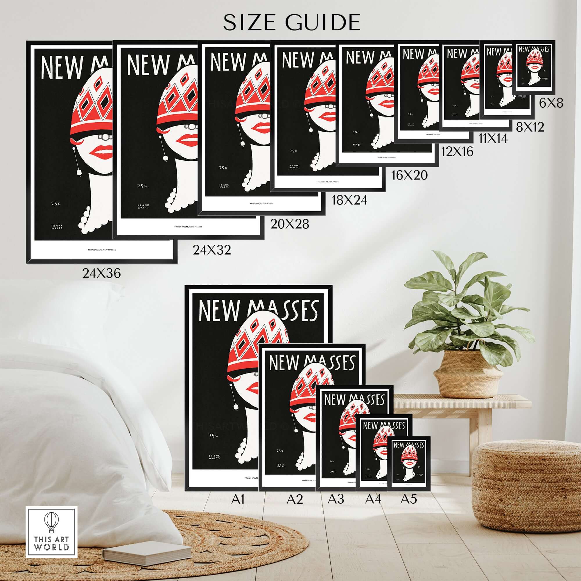 New Masses Frank Walts Art Deco Magazine Cover Poster Wall Art Print Size Guide featuring various frame sizes.