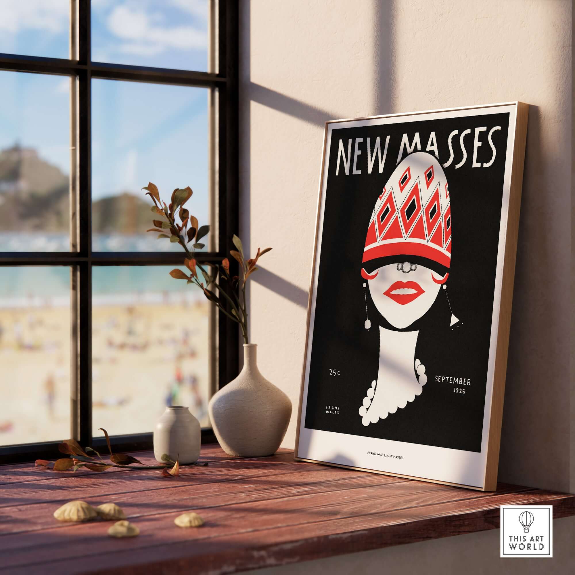 New Masses Frank Walts Art Deco Magazine Cover Poster Wall Art Print displayed on a shelf by a window.