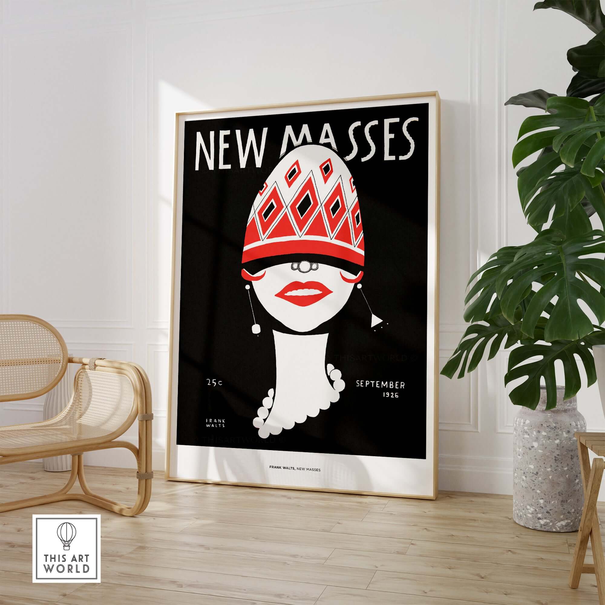 New Masses Frank Walts Art Deco Magazine Cover Poster Wall Art Print displayed in a modern interior setting.