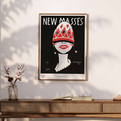 New Masses Frank Walts Art Deco Magazine Cover Poster Wall Art Print displayed on a stylish wooden console.