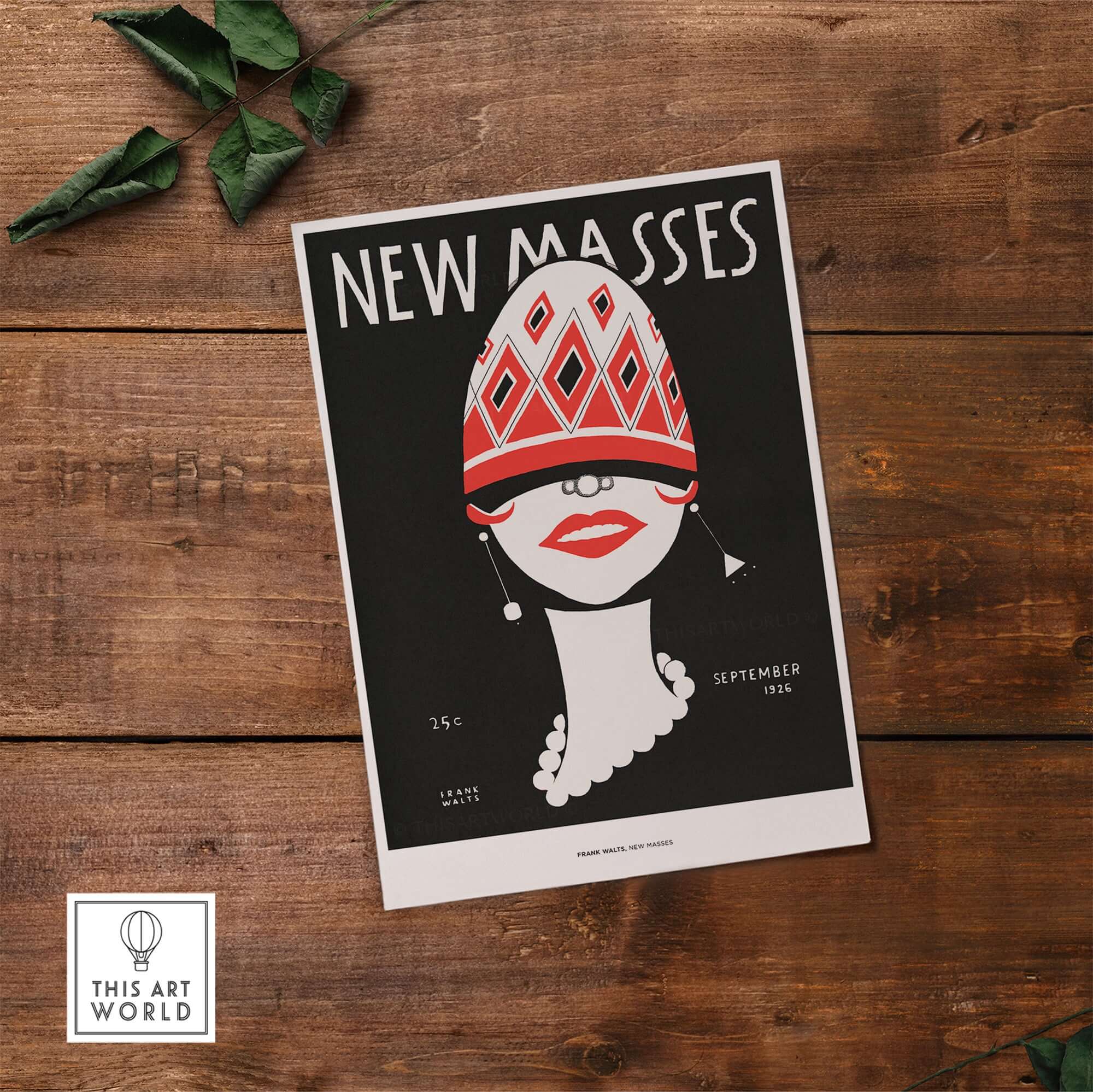 New Masses Frank Walts Art Deco Magazine Cover Poster Wall Art Print featuring a stylized face and geometric patterns.
