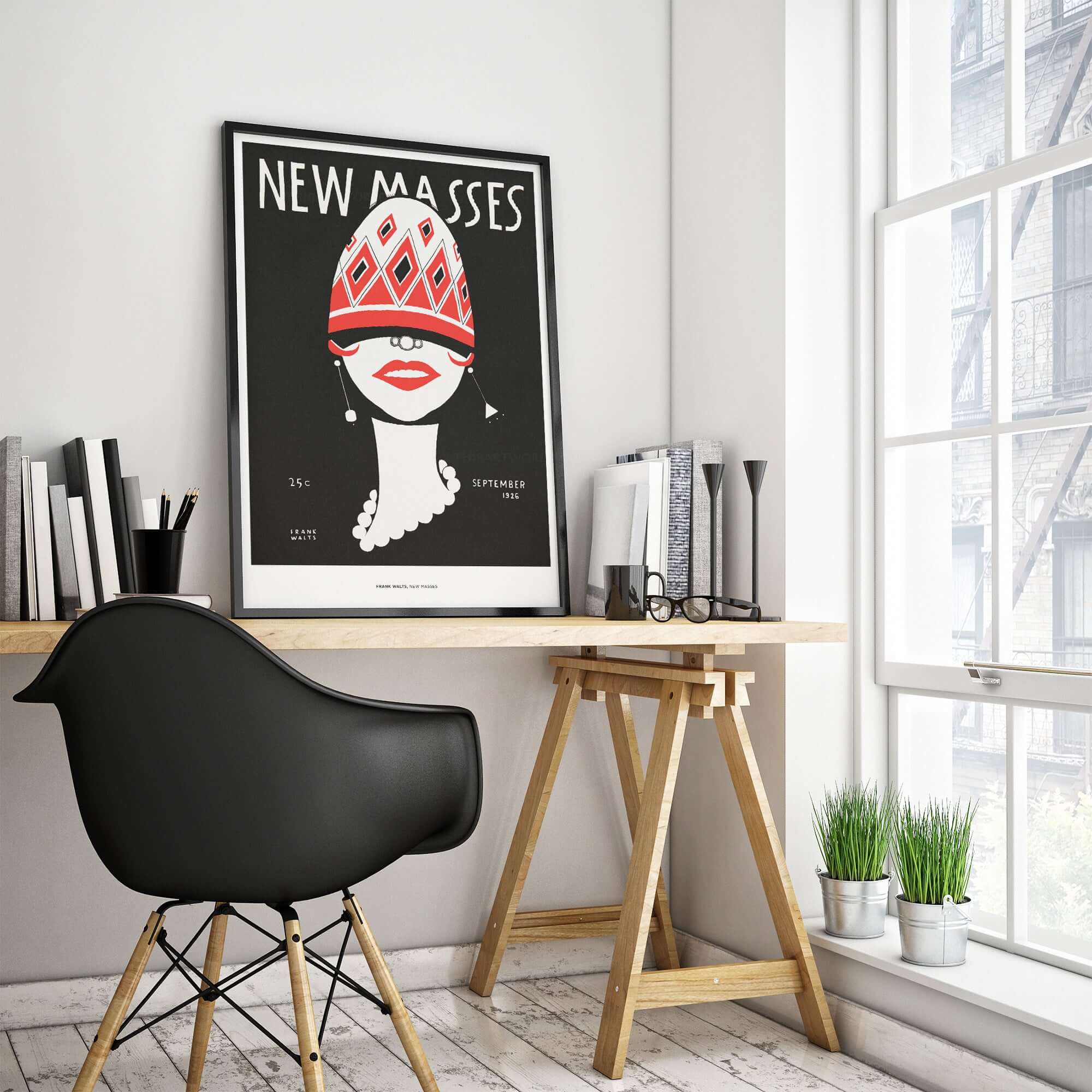 New Masses Frank Walts Art Deco Magazine Cover Poster Wall Art Print displayed in a modern office setting.