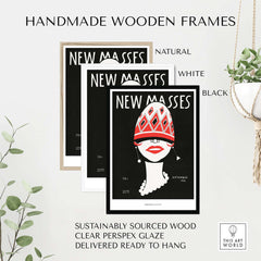 New Masses Frank Walts Art Deco Magazine Cover Poster Wall Art Print displayed in handmade wooden frames.