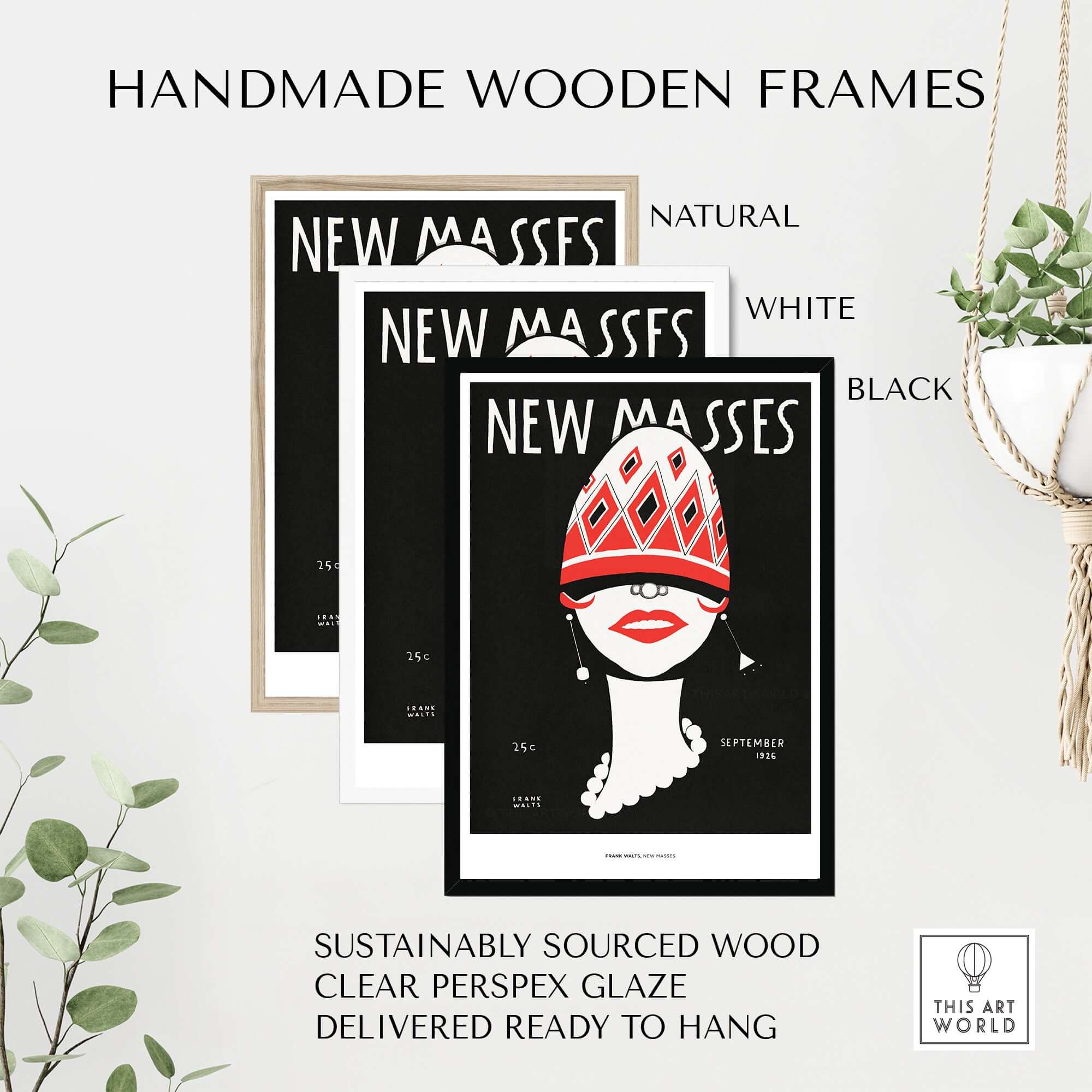 New Masses Frank Walts Art Deco Magazine Cover Poster Wall Art Print displayed in handmade wooden frames.