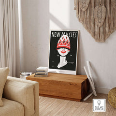 New Masses Frank Walts Art Deco Magazine Cover Poster Wall Art Print displayed in a stylish living room setting.