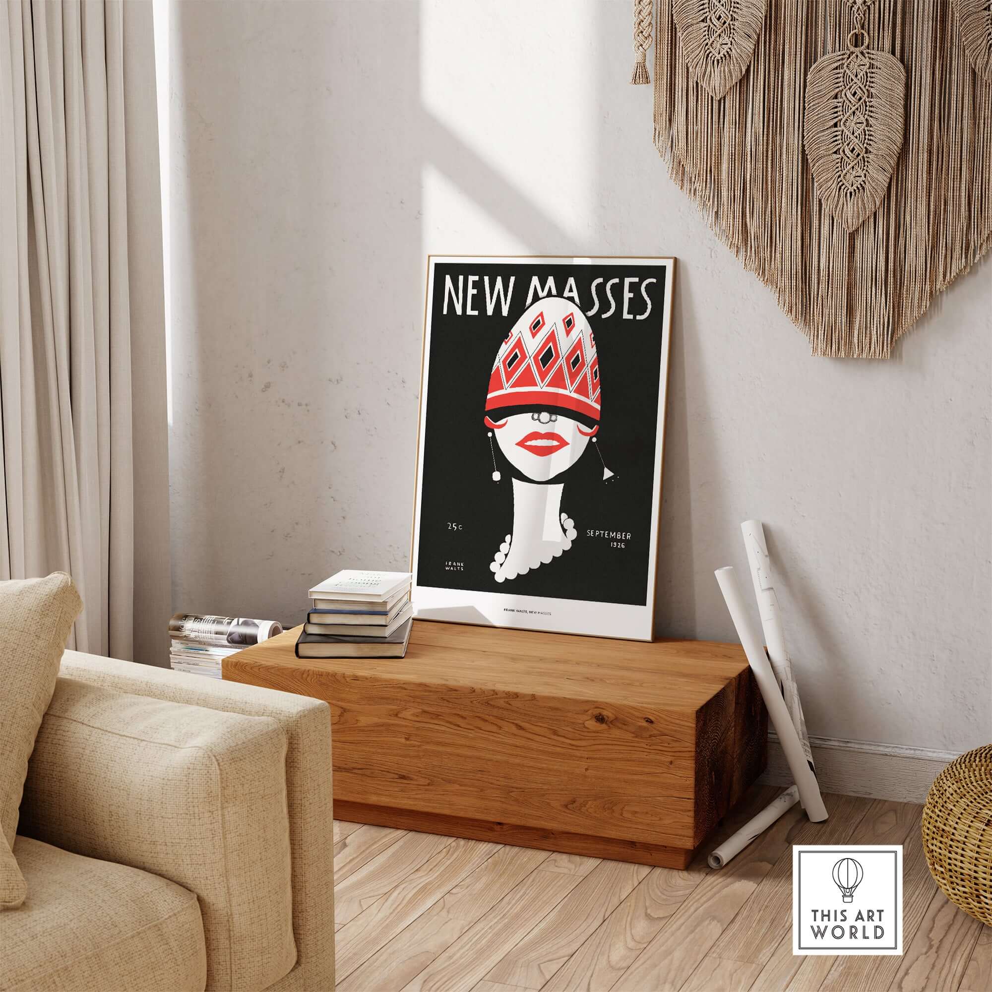 New Masses Frank Walts Art Deco Magazine Cover Poster Wall Art Print displayed in a stylish living room setting.