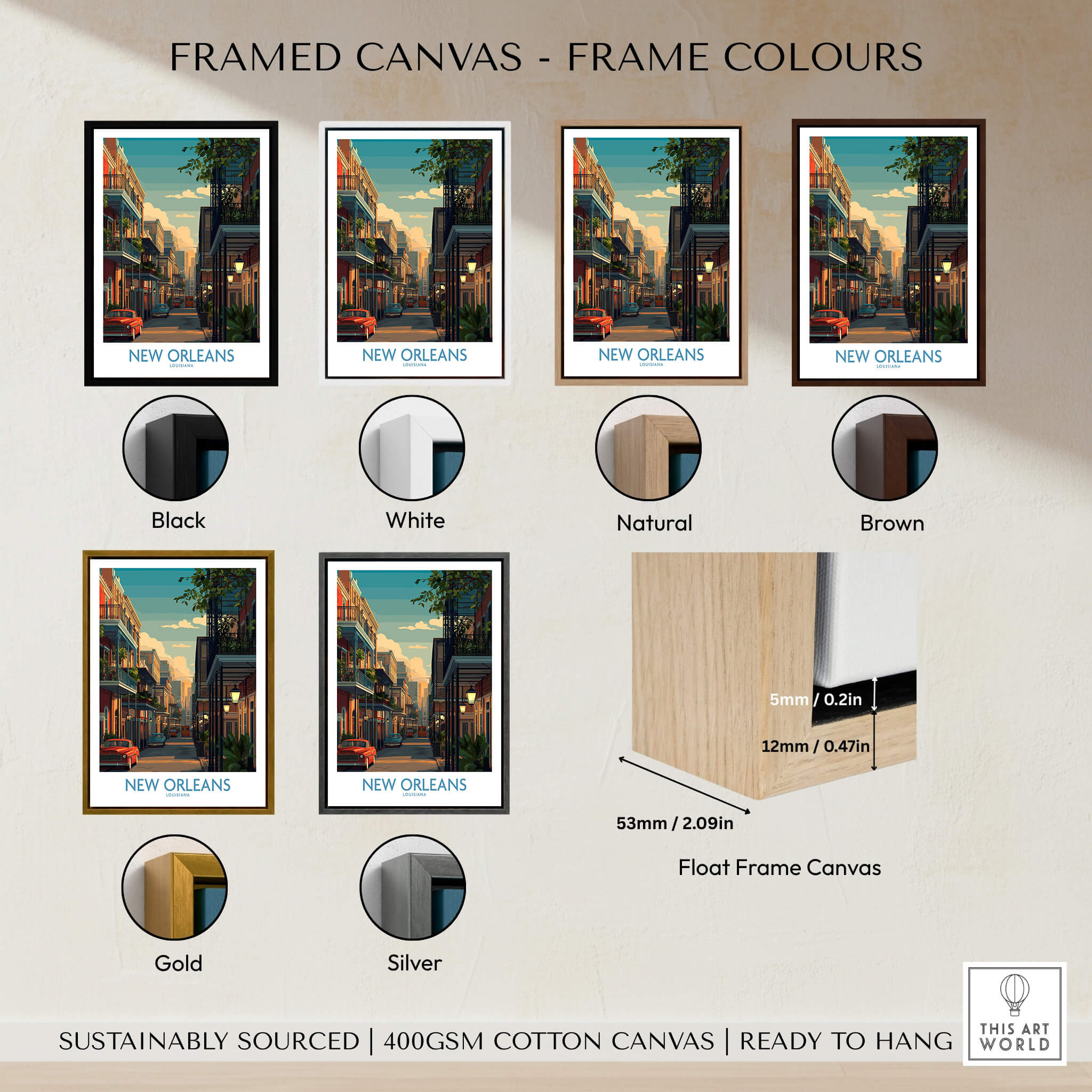 Framed canvas options for New Orleans Canvas Print | Louisiana Poster in various colors including black, white, brown, and gold.