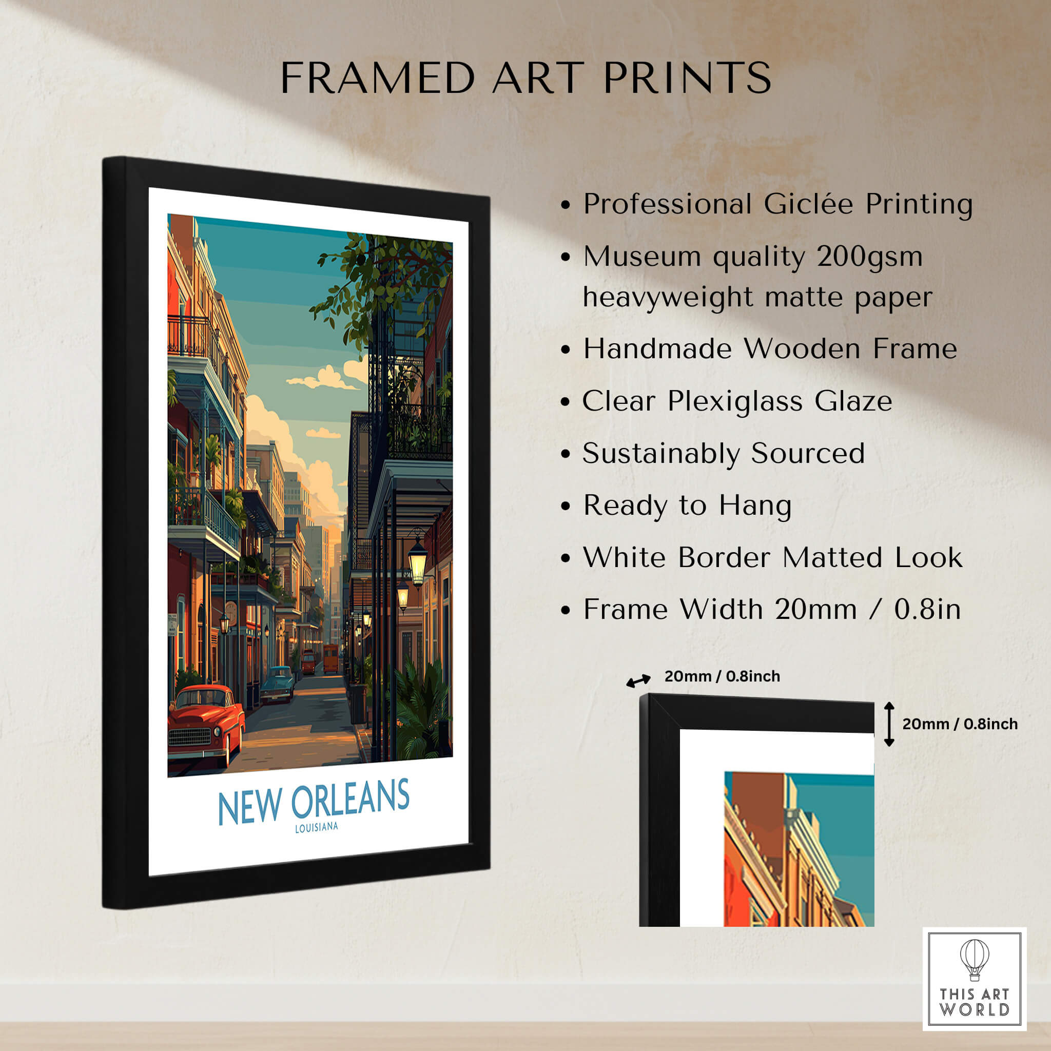 New Orleans Canvas Print | Louisiana Poster framed art print showcasing vibrant streets of New Orleans.