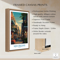 New Orleans Canvas Print | Louisiana Poster framed with professional Giclée printing and a wooden float frame.