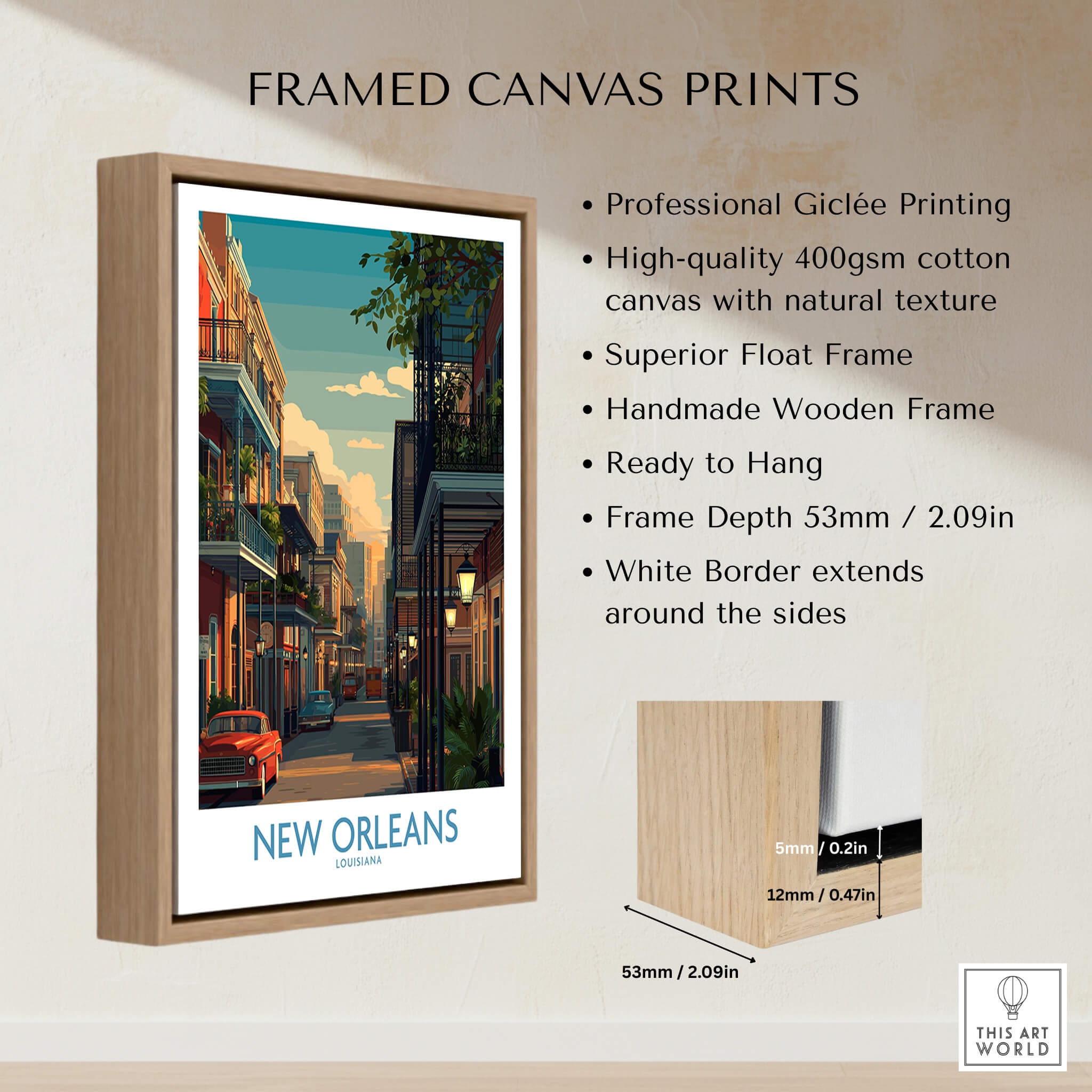 New Orleans Canvas Print | Louisiana Poster framed with professional Giclée printing and a wooden float frame.