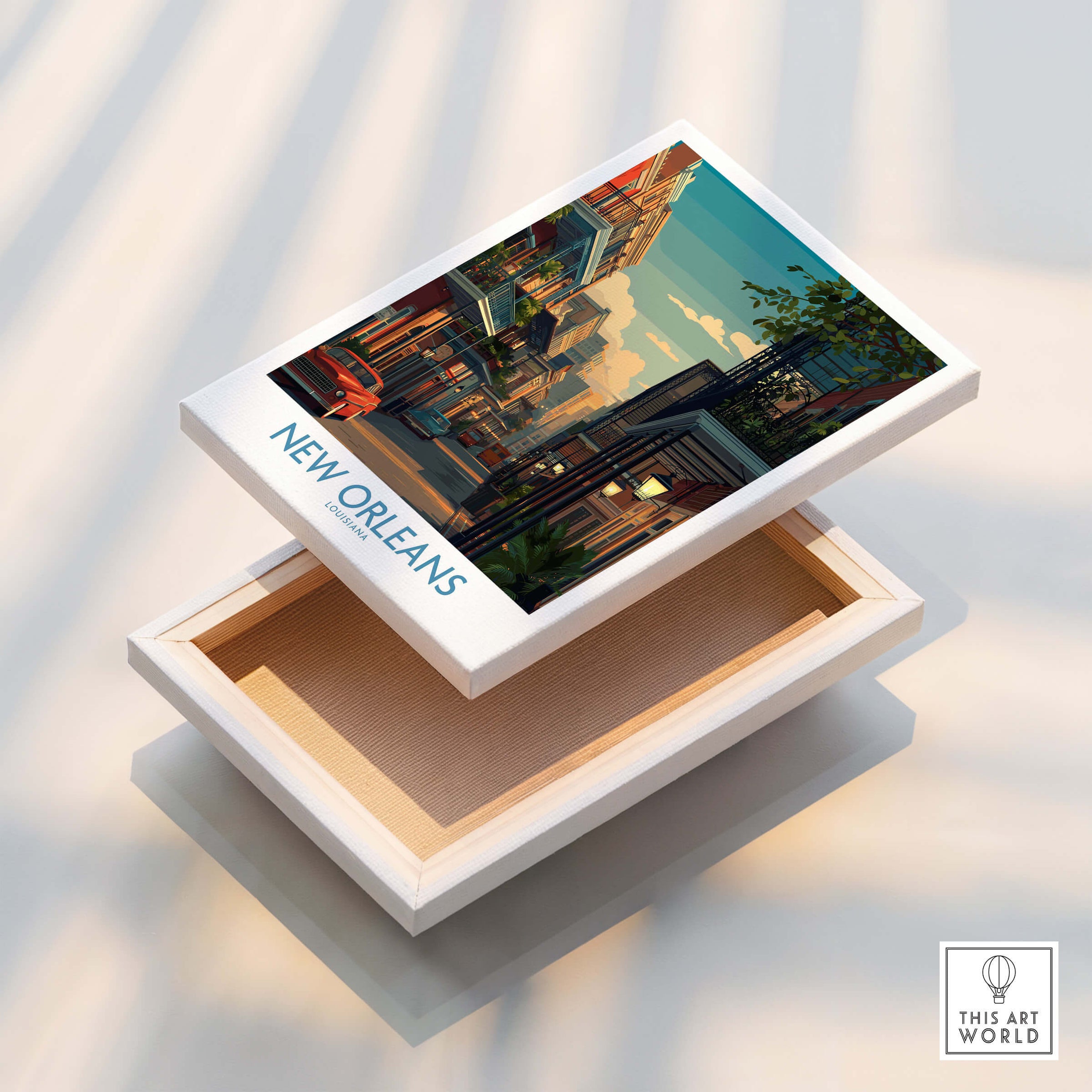 New Orleans Canvas Print | Louisiana Poster displayed on a wooden box, showcasing vibrant street life and architecture.