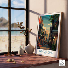 New Orleans Canvas Print | Louisiana Poster showcased in a stylish interior setting with a beach view.