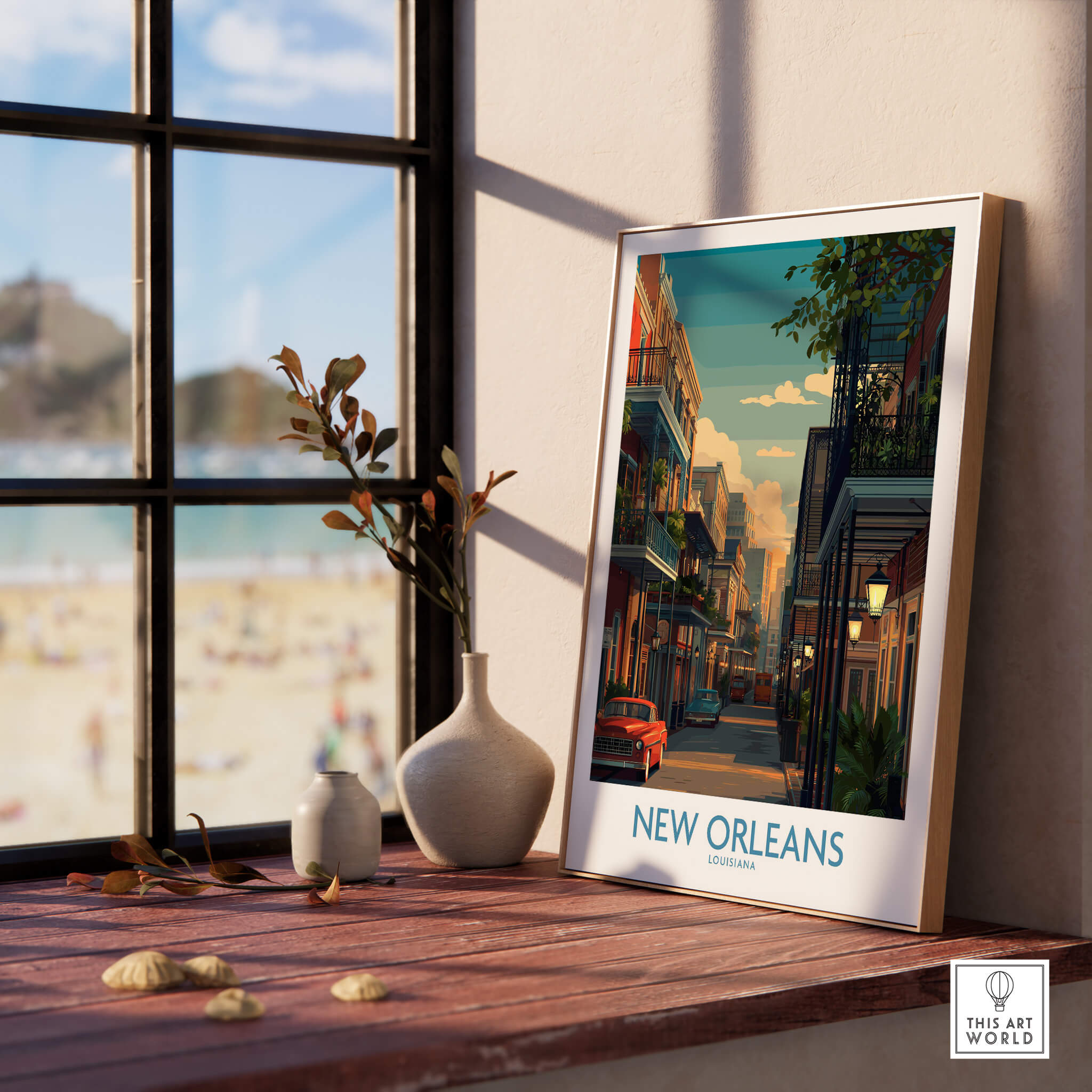New Orleans Canvas Print | Louisiana Poster showcased in a stylish interior setting with a beach view.