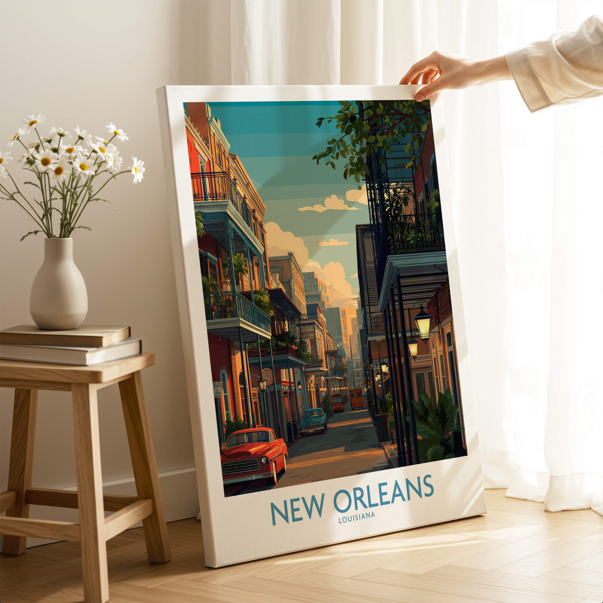 New Orleans Canvas Print | Louisiana Poster showcasing a vibrant street scene in New Orleans, Louisiana.