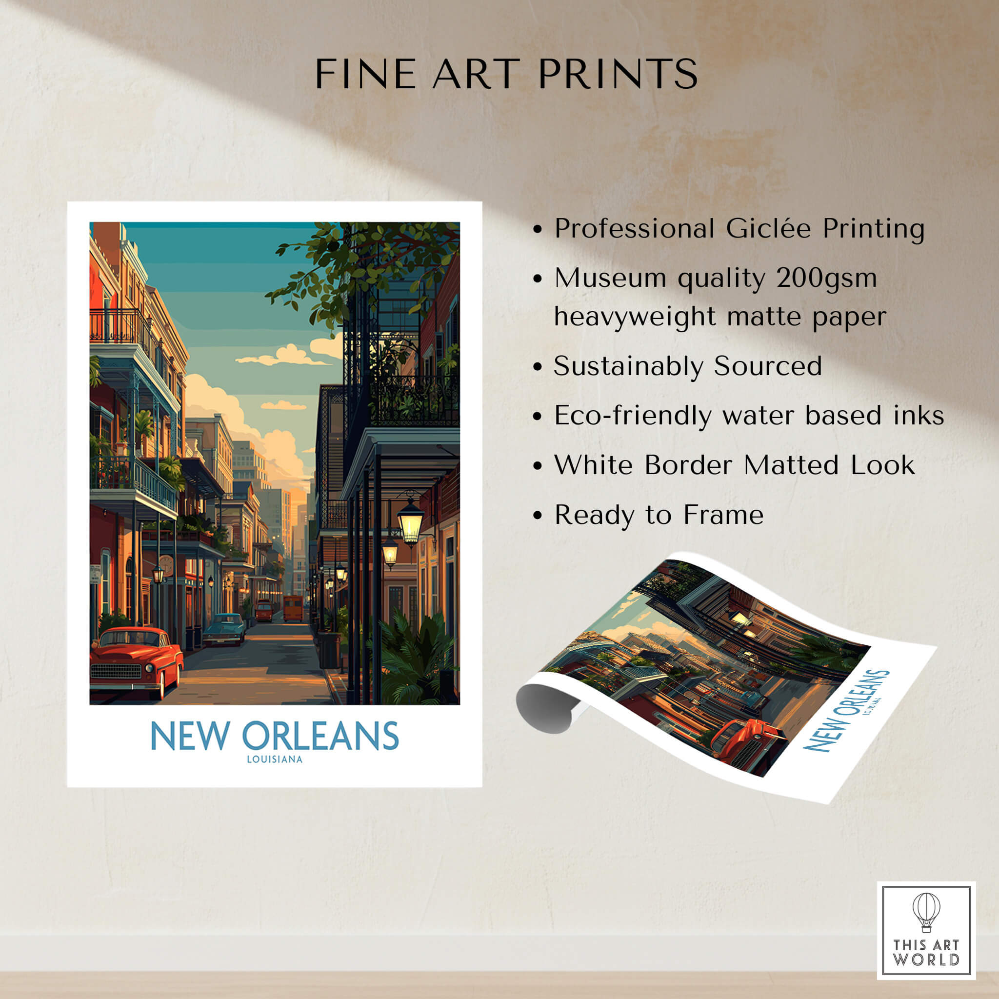 New Orleans Canvas Print | Louisiana Poster showcasing vibrant street scene and fine art print details.