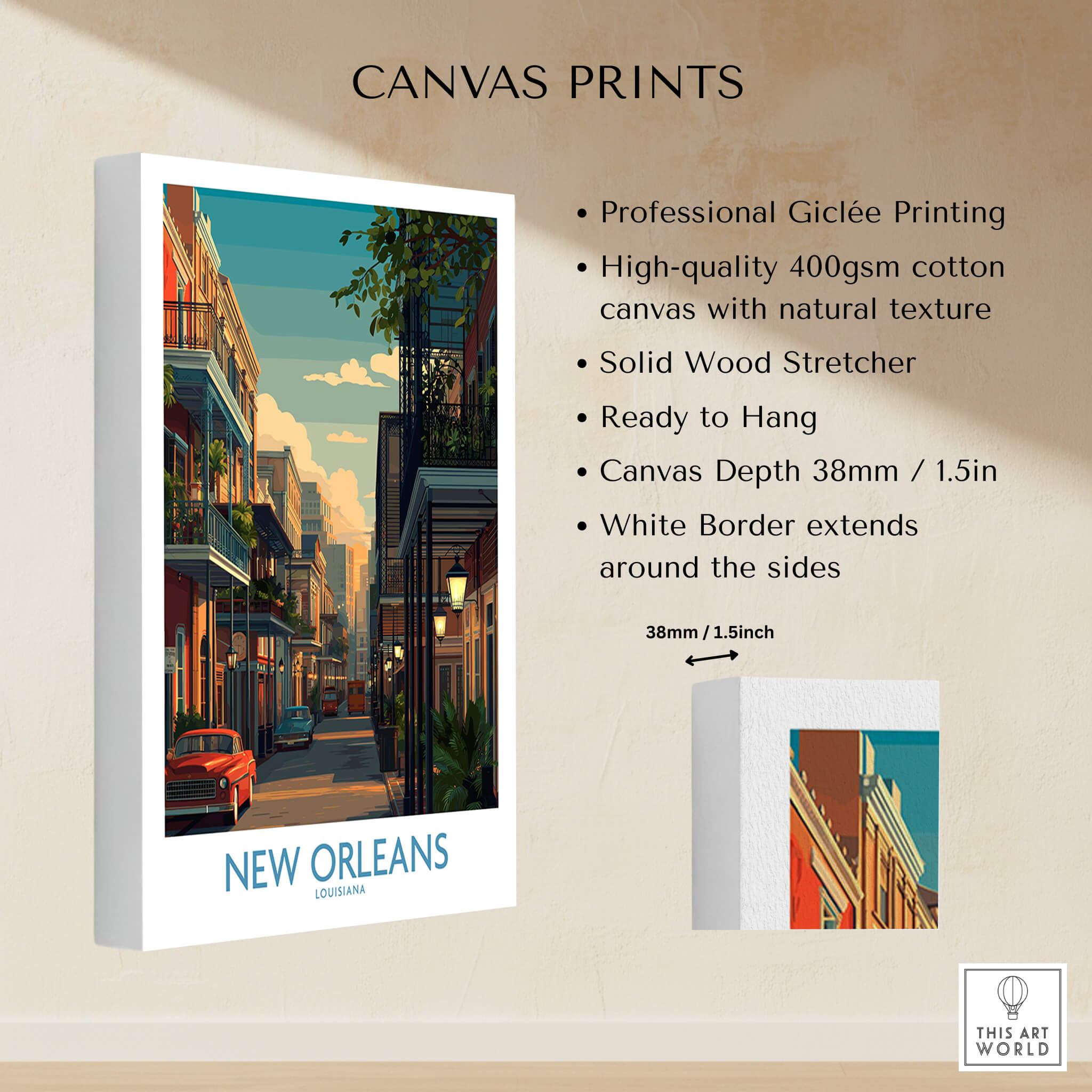 New Orleans Canvas Print | Louisiana Poster showcasing vibrant street scene with professional Giclée printing.