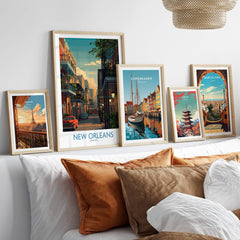 New Orleans Canvas Print | Louisiana Poster displayed with other travel posters in a cozy living room setting.
