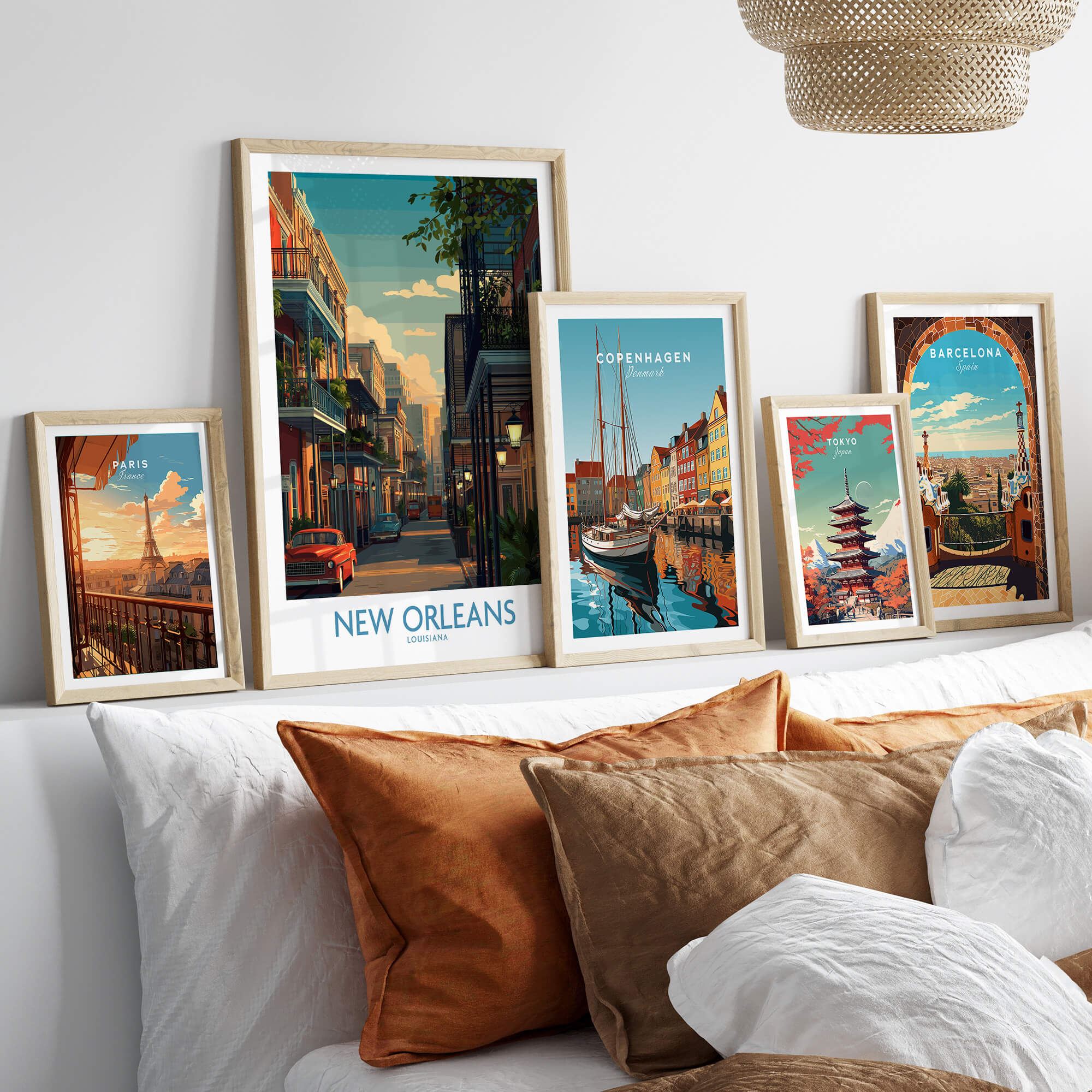 New Orleans Canvas Print | Louisiana Poster displayed with other travel posters in a cozy living room setting.