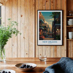 New Orleans Canvas Print | Louisiana Poster displayed in a cozy interior with wooden walls and decorative plants.