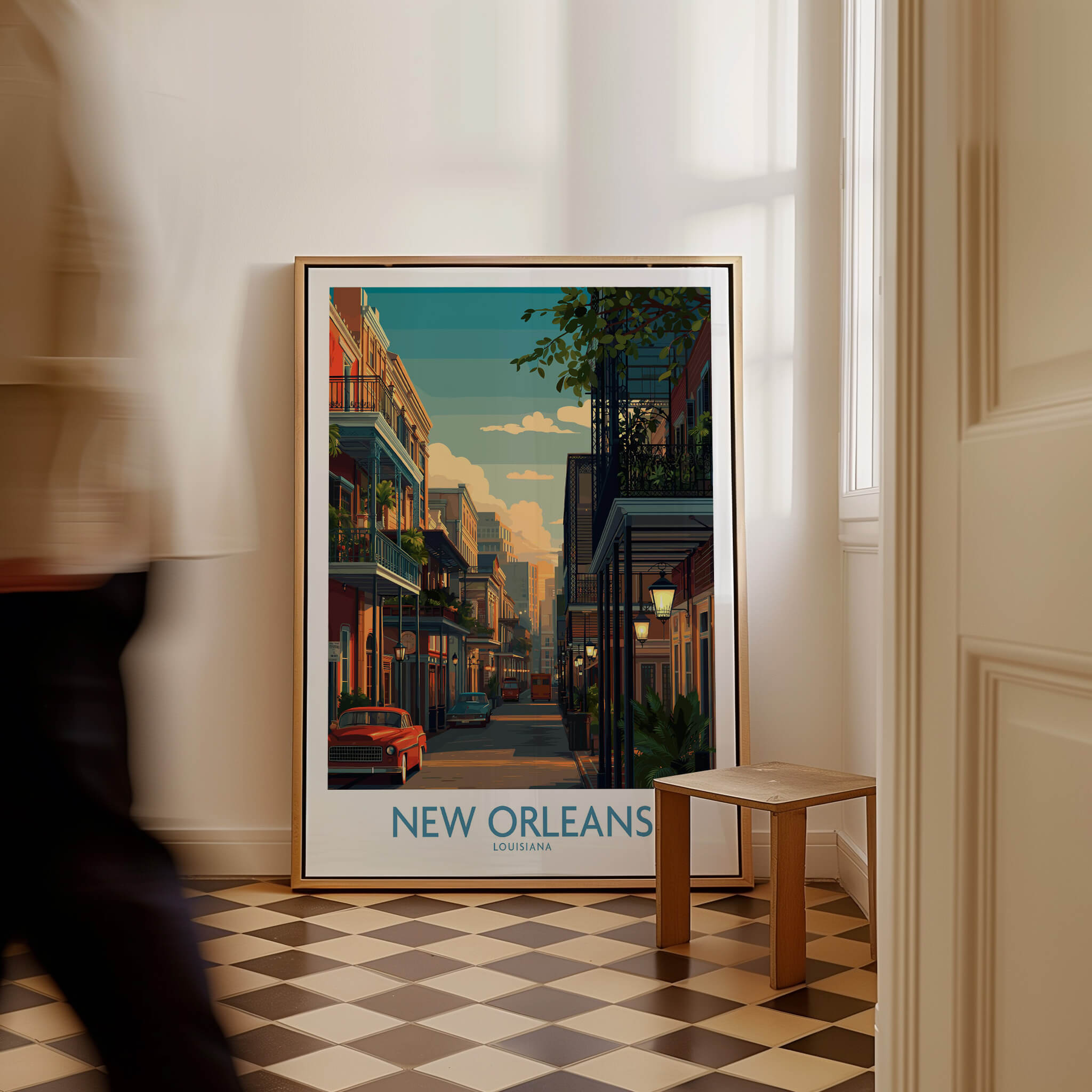 New Orleans Canvas Print | Louisiana Poster displayed in a stylish interior with patterned flooring.