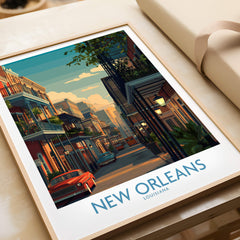 New Orleans Canvas Print | Louisiana Poster showcasing a vibrant street scene in New Orleans with classic architecture.