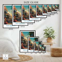 New Orleans Canvas Print | Louisiana Poster size guide showcasing various frame sizes for the artwork.