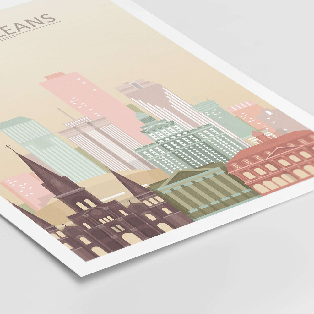 Stylish New Orleans skyline print in pastel colors, showcasing iconic city buildings and architecture.