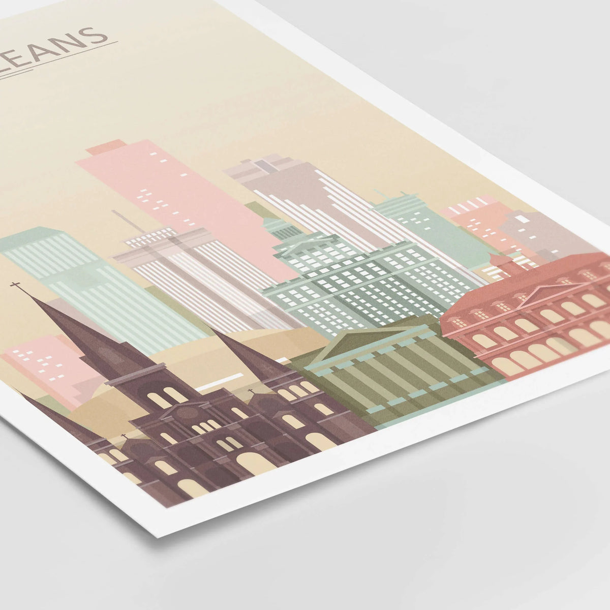 New Orleans City Skyline Print | Big Easy Wall Art Poster showcasing pastel colors and iconic city architecture.