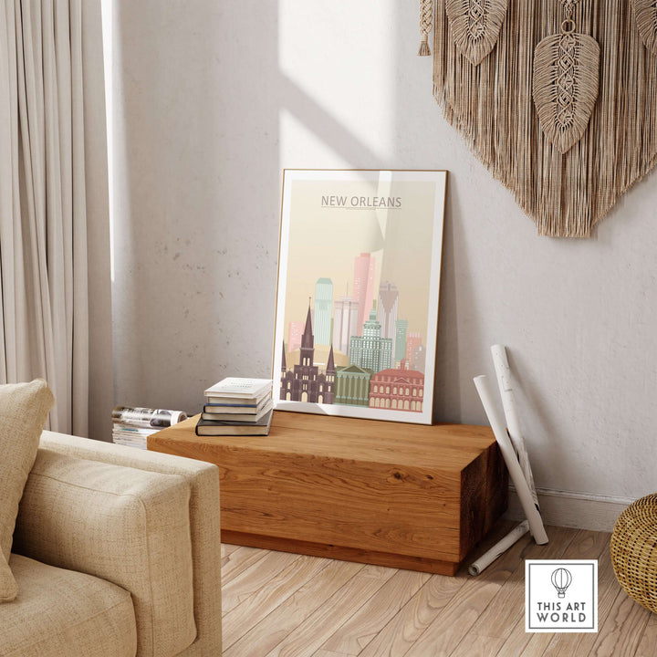 New Orleans skyline print in a cozy living room setting, featuring beige pastel colors and modern decor elements.