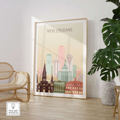 New Orleans City Skyline Print | Big Easy Wall Art Poster framed in a stylish living room setting.