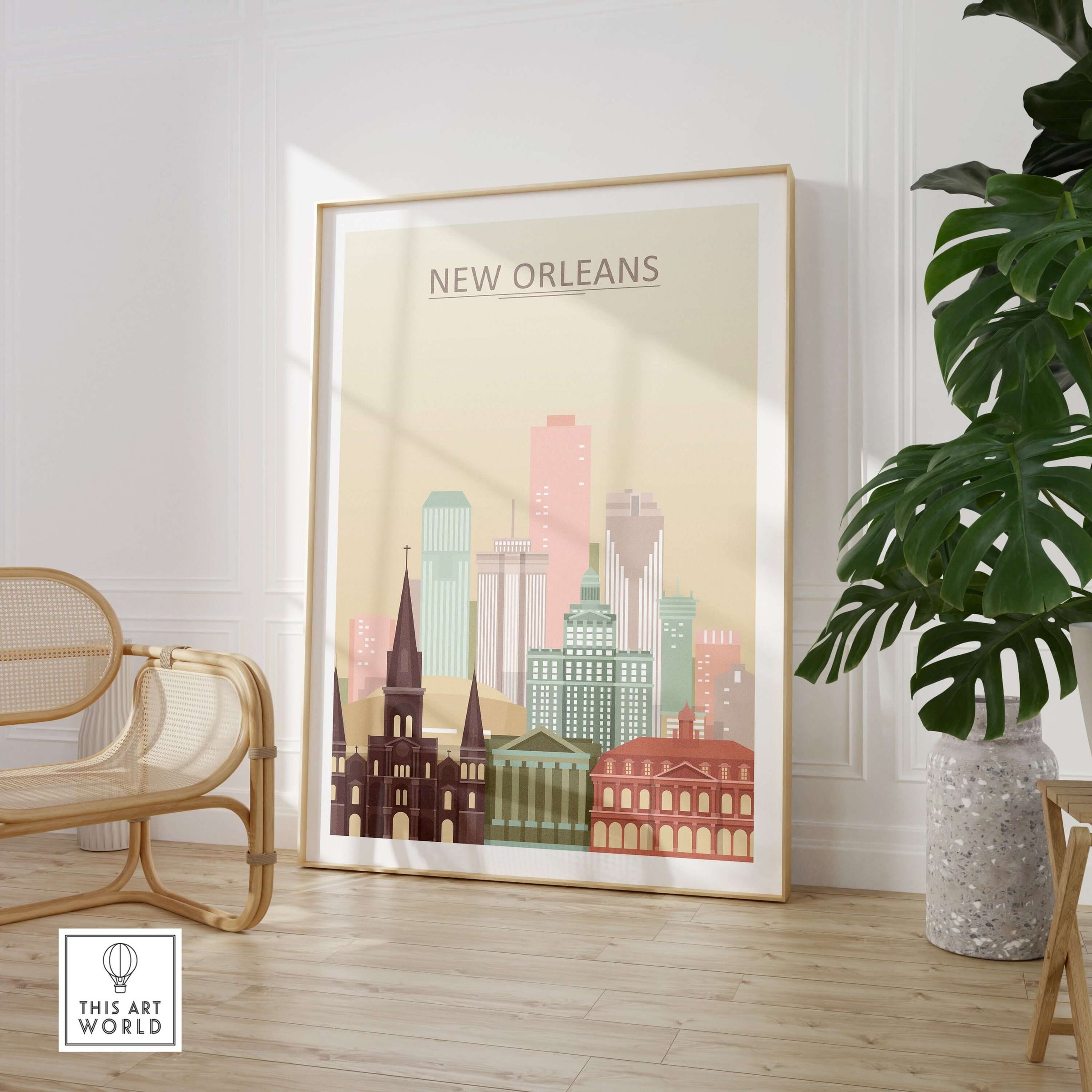 New Orleans City Skyline Print | Big Easy Wall Art Poster framed in a stylish living room setting.