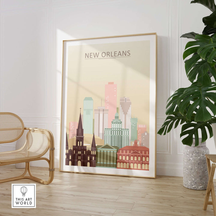 New Orleans city skyline print framed in a stylish room with greenery, showcasing pastel colors and a modern design.