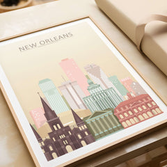New Orleans City Skyline Print | Big Easy Wall Art Poster featuring pastel colors and iconic buildings.