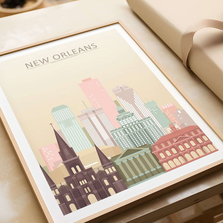 New Orleans city skyline print in pastel colors, framed wall art poster featuring iconic buildings.
