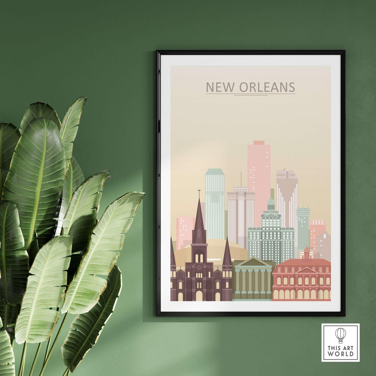 New Orleans City Skyline Print | Big Easy Wall Art Poster featuring vibrant pastel colors and city landmarks.