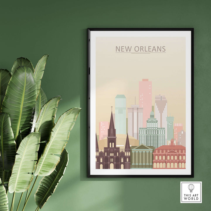 New Orleans city skyline wall art poster featuring pastel colors, enhancing home decor with Big Easy charm.