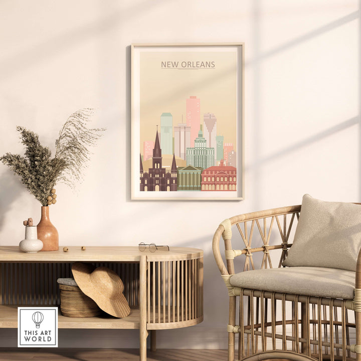 New Orleans City Skyline Print featuring pastel colors, framed wall art in a stylish living room setting.