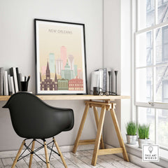 New Orleans City Skyline Print | Big Easy Wall Art Poster displayed in a stylish home office with modern decor.