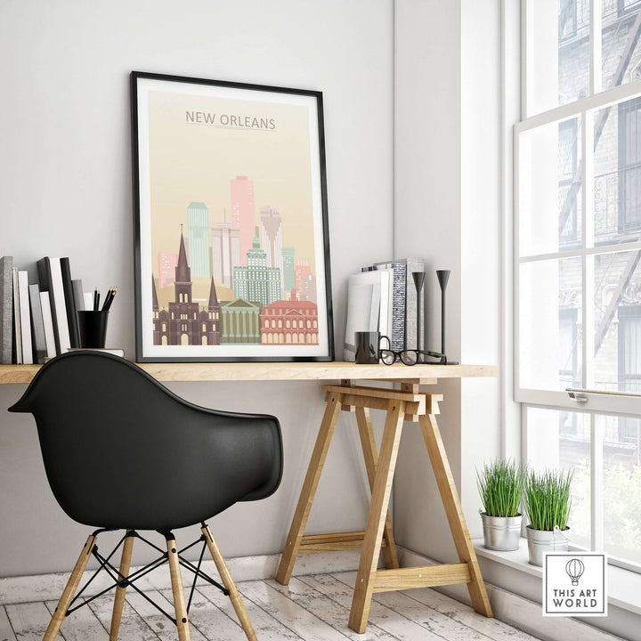 New Orleans city skyline print in a modern office setting, showcasing beige pastel colors and vibrant wall art.