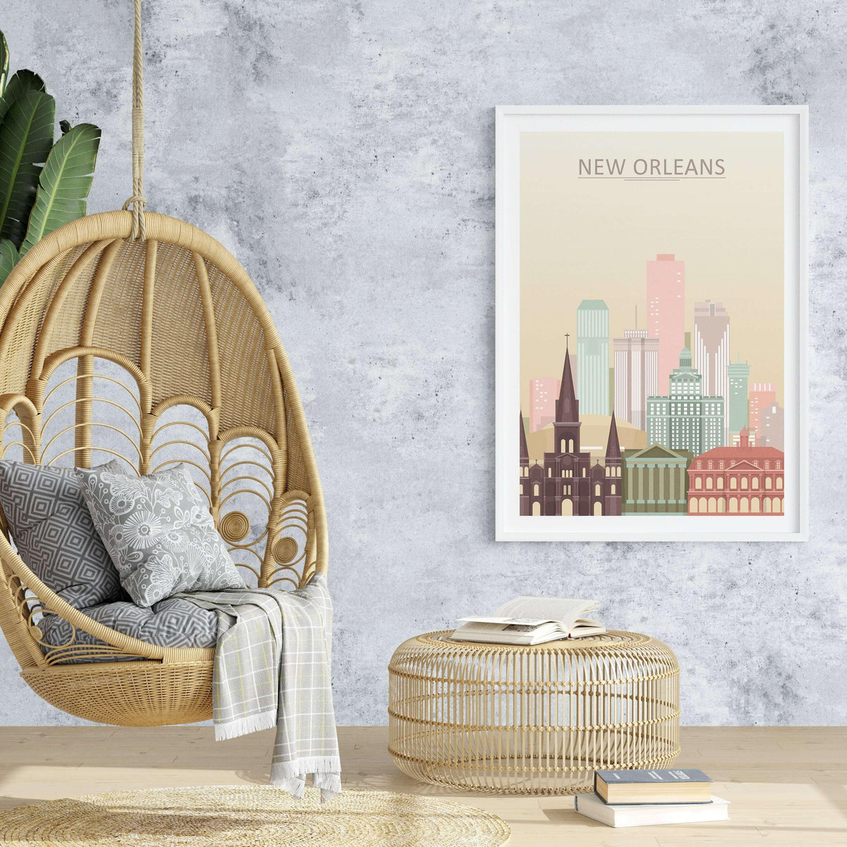 New Orleans City Skyline Print | Big Easy Wall Art Poster displayed in a stylish home setting with a hanging chair.