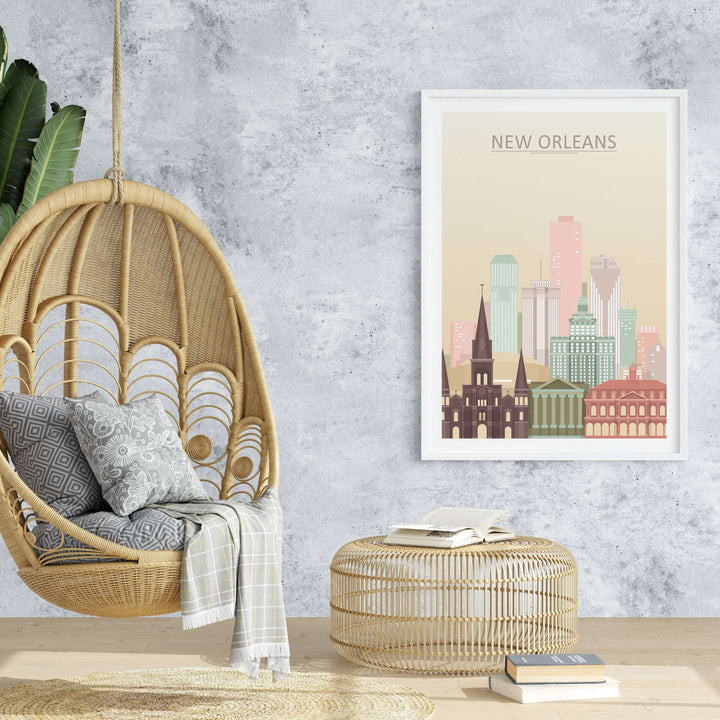 New Orleans city skyline print poster in a cozy interior with a hanging chair and decorative cushions.