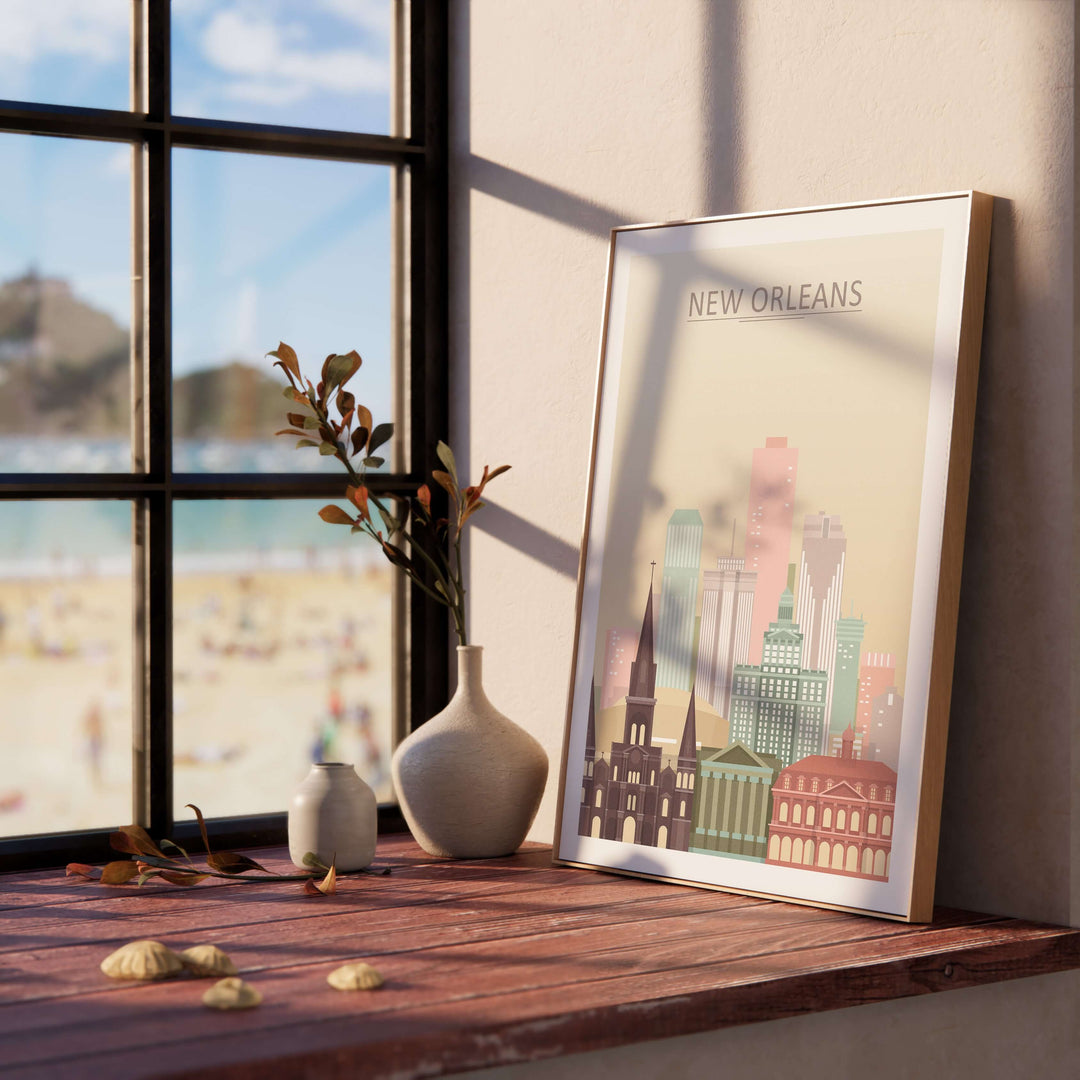 New Orleans city skyline print displayed on a wooden table by a window, featuring pastel colors and a beach view.