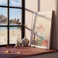 New Orleans City Skyline Print | Big Easy Wall Art Poster displayed on a windowsill with a beach view.