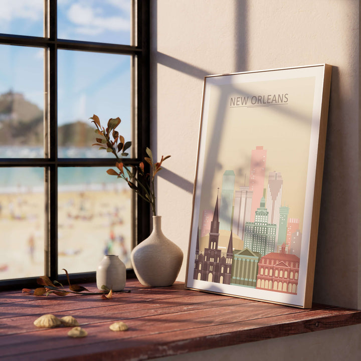 New Orleans city skyline print displayed on a wooden table by a window, featuring pastel colors and a beach view.