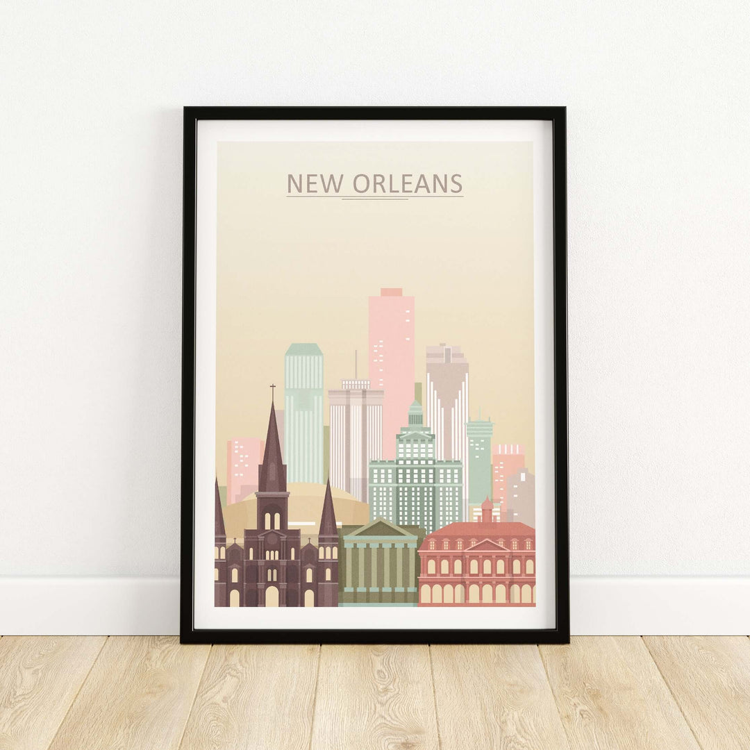New Orleans city skyline print in pastel colors, framed wall art poster showcasing the Big Easy's skyline.