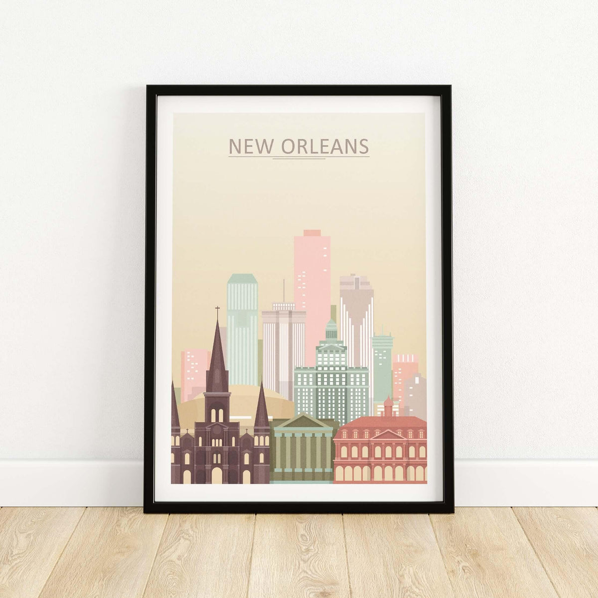 New Orleans City Skyline Print | Big Easy Wall Art Poster in pastel colors framed on wall