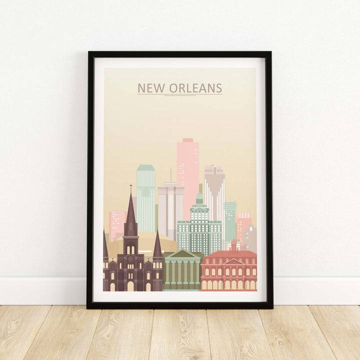 New Orleans city skyline print in pastel colors, framed wall art poster showcasing the Big Easy's skyline.