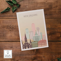 New Orleans City Skyline Print | Big Easy Wall Art Poster on wooden table with green leaves.