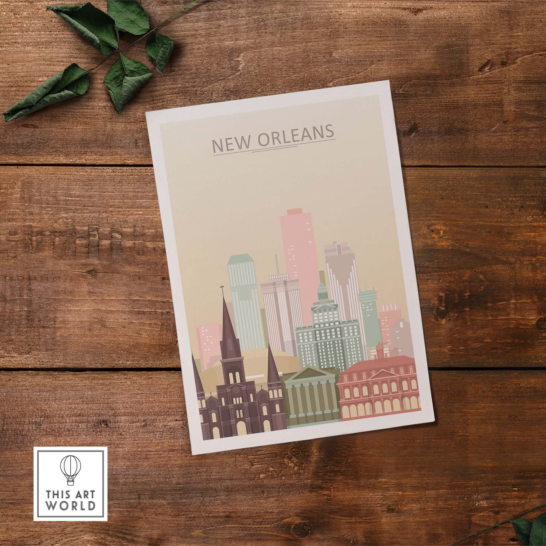 New Orleans City Skyline Print | Big Easy Wall Art Poster on wooden table with green leaves.