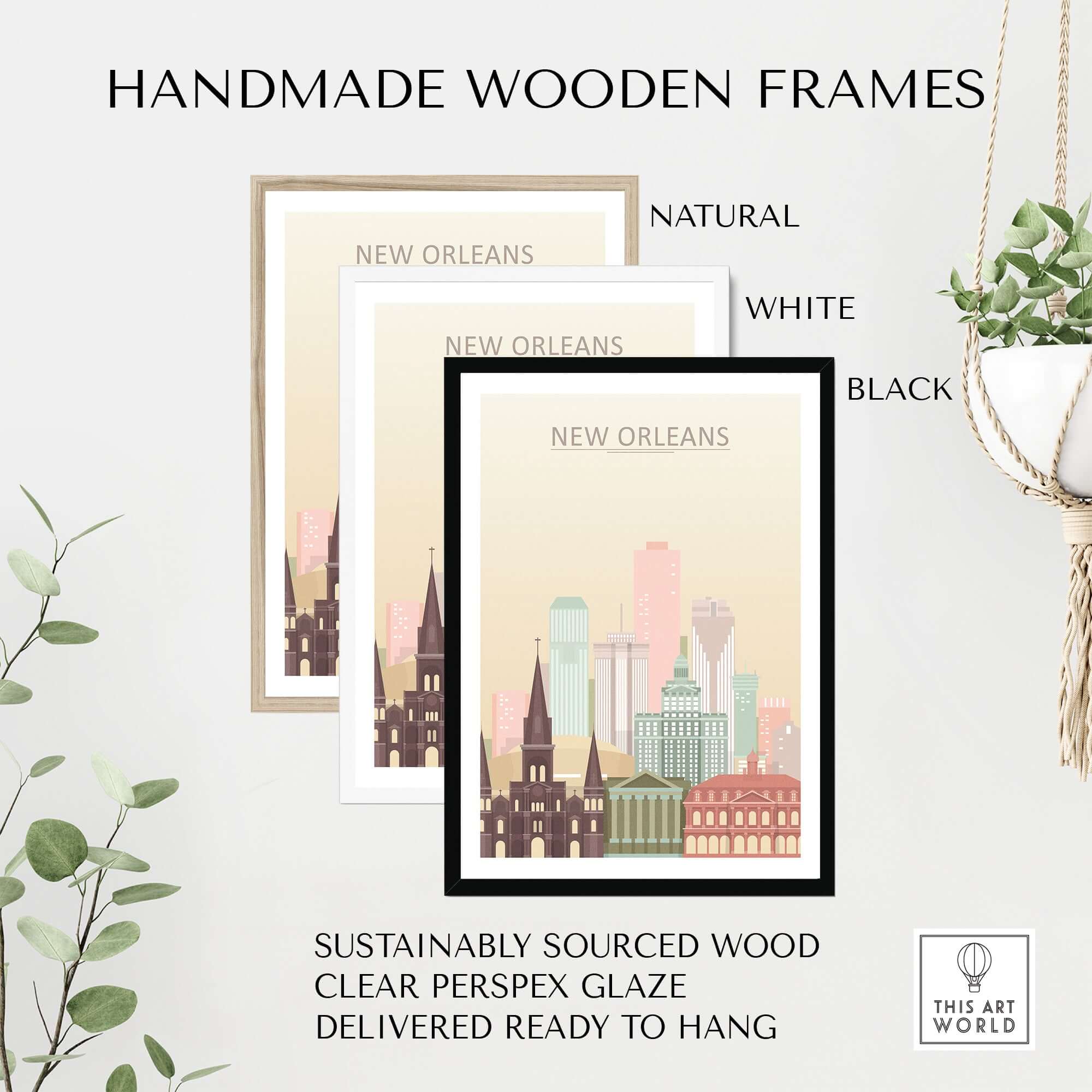 Handmade wooden frames in natural, white, and black for New Orleans City Skyline Print | Big Easy Wall Art Poster.